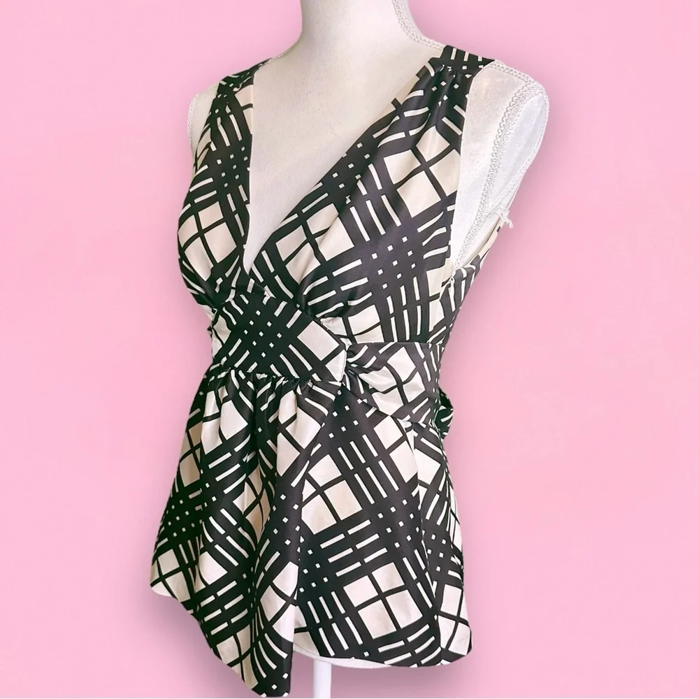 J. Crew Black & Cream Picnic Plaid A-Line Flounce Silk Top With Tie Back Size 2